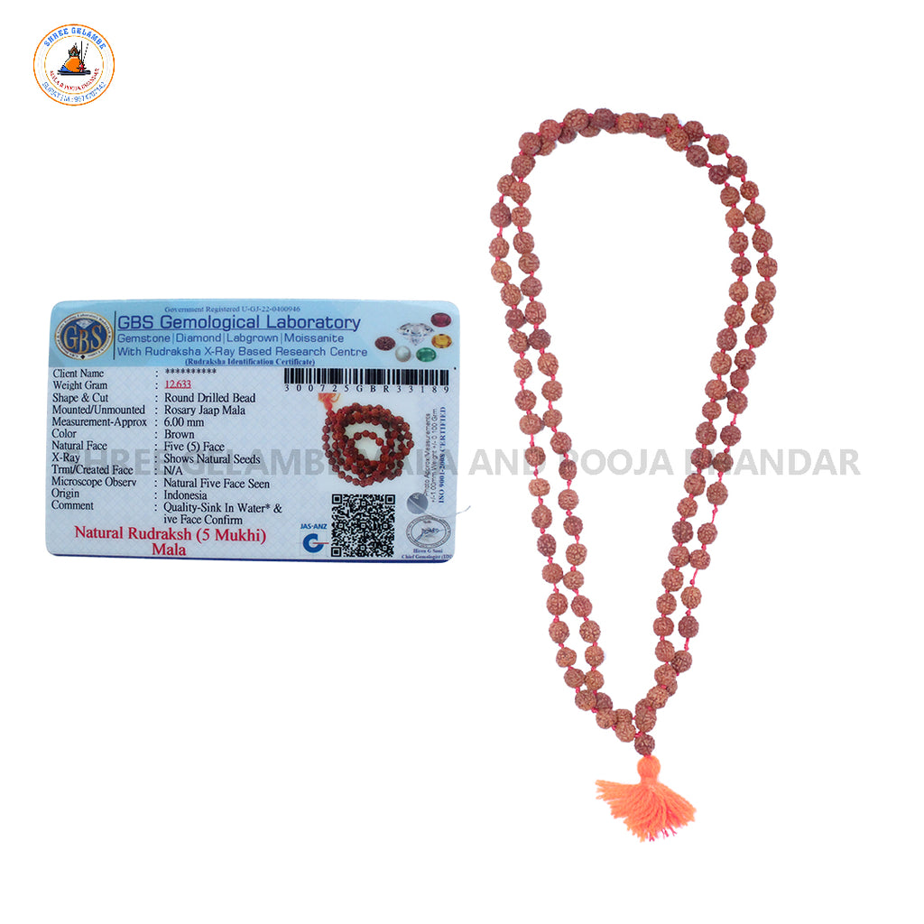 Original 6MM 5 Mukhi Natural Rudraksha Mala Online (108 Beads Certified).