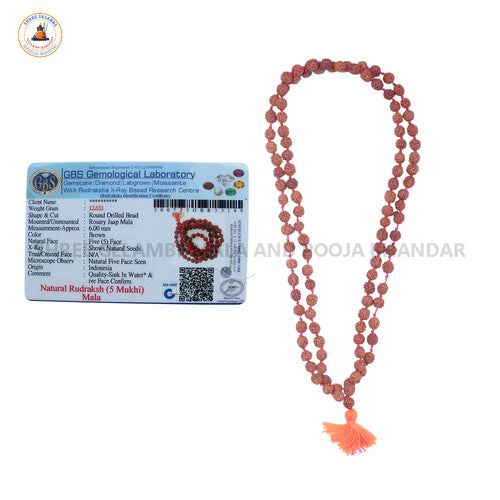 Original 6MM 5 Mukhi Natural Rudraksha Mala Online (108 Beads Certified).