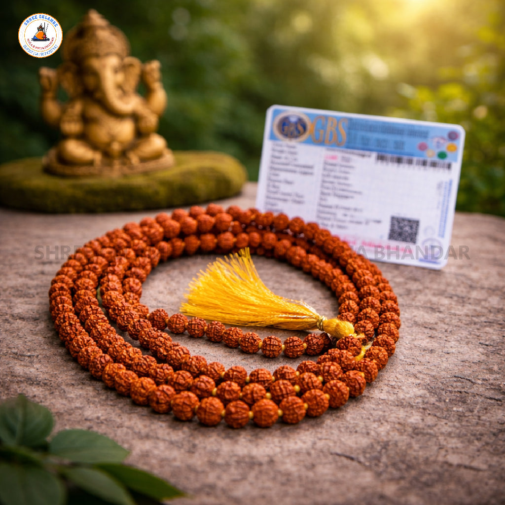 Original 5 Mukhi Natural Rudraksha Mala Online (108 Beads 6MM Certified).
