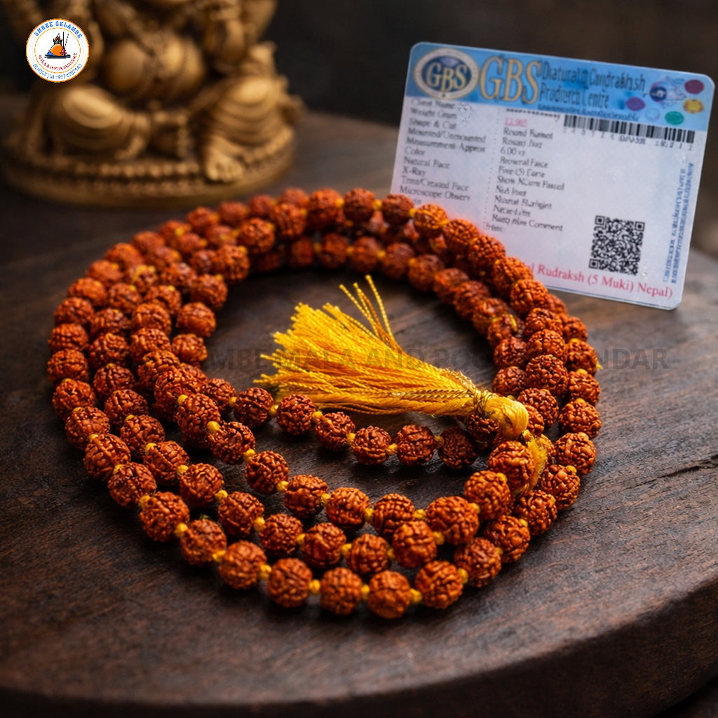 Original 5 Mukhi Natural Rudraksha Mala Online (108 Beads 6MM Certified).