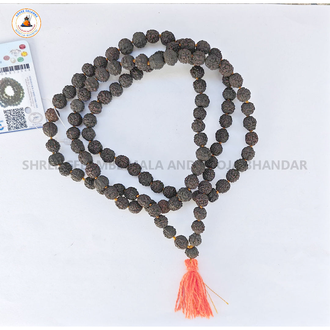 Original 5 Mukhi Black Rudraksha Mala Online (108 Beads 8.5MM Certified).