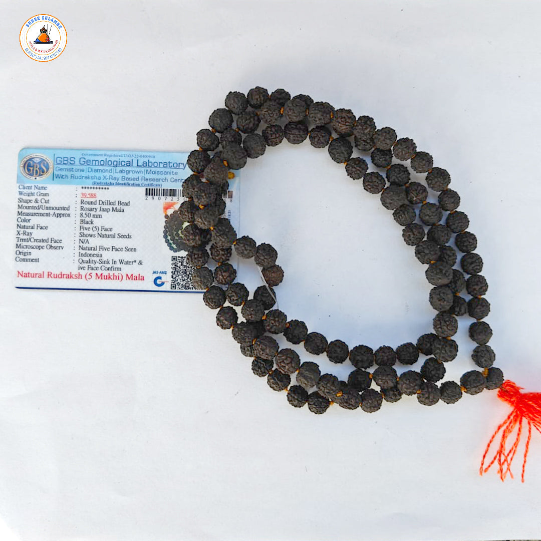 Original 5 Mukhi Black Rudraksha Mala Online (108 Beads 8.5MM Certified).