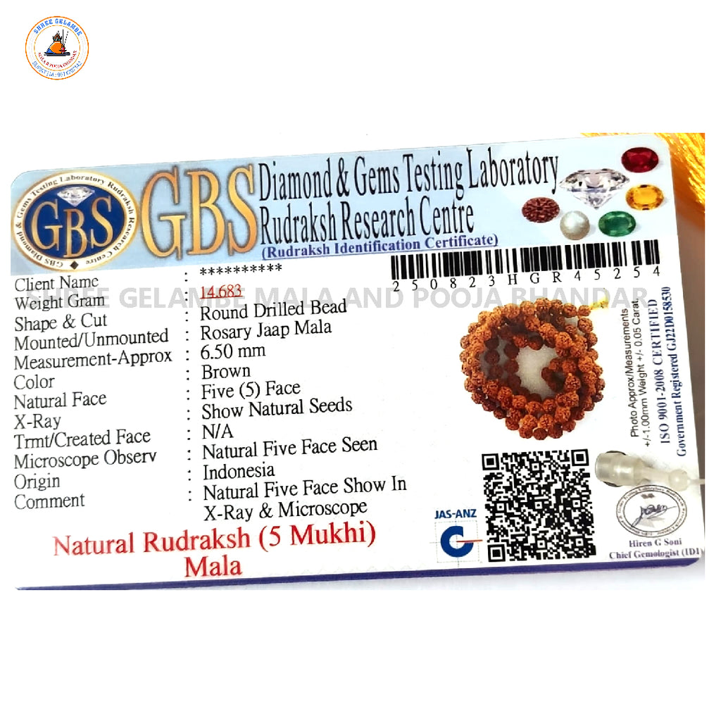 Original 5 Mukhi Natural Rudraksha Mala Online (108 Beads 6.5MM Certified).
