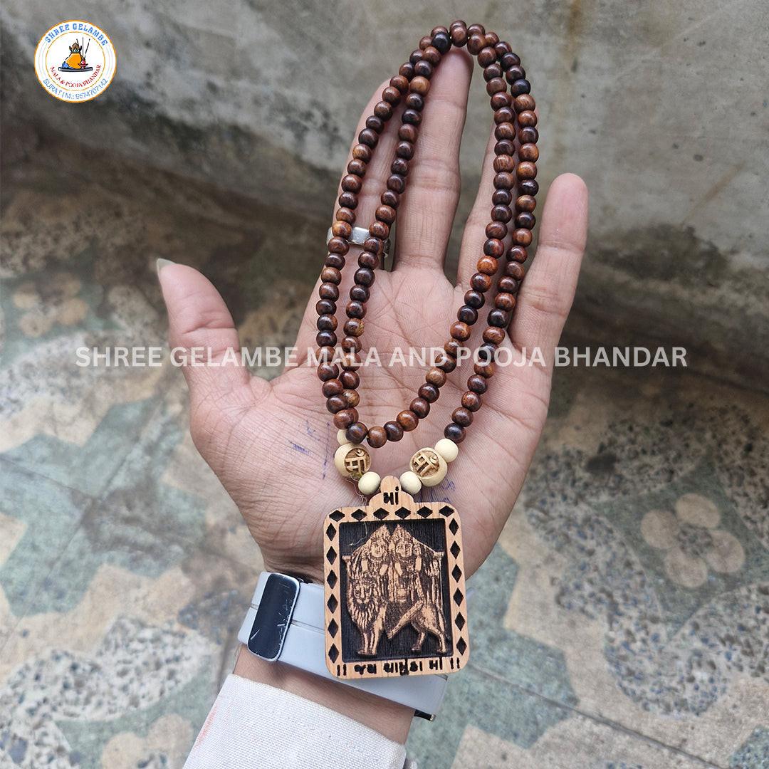 Original Chamunda Mata Wooden Pendant Tulsi Mala Online (108 Beads 6MM).