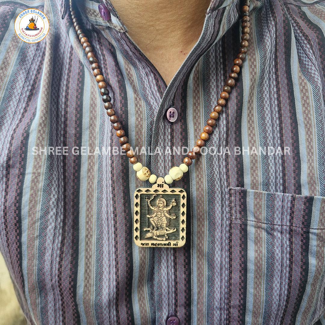 Original Mahakali Mata Wooden Pendant Tulsi Mala Online (108 Beads 6MM).
