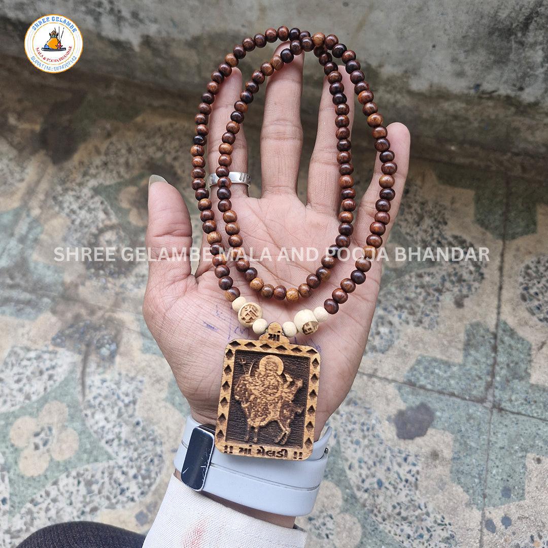 Original Meladi Mata Wooden Pendant Tulsi Mala Online (108 Beads 6MM).
