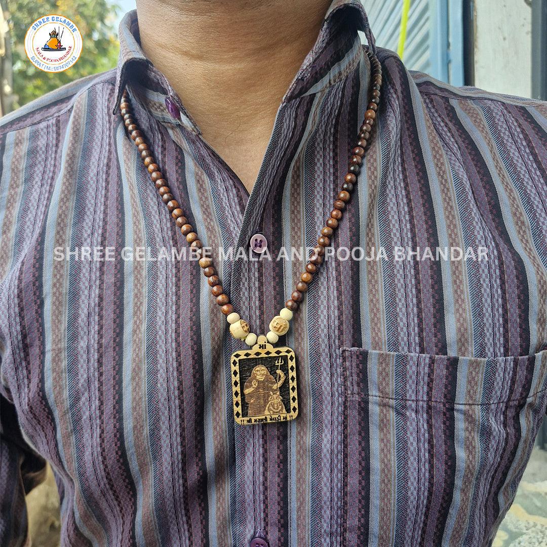 Original Masani Meldi Mata Wooden Pendant Tulsi Mala Online (108 Beads 6MM).