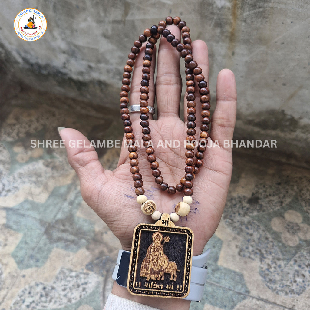 Original Shakti Mata Wooden Pendant Tulsi Mala Online (108 Beads 6MM).