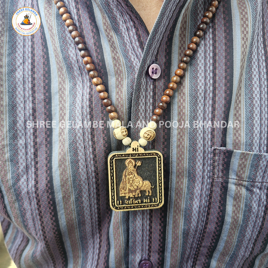 Original Shakti Mata Wooden Pendant Tulsi Mala Online (108 Beads 6MM).