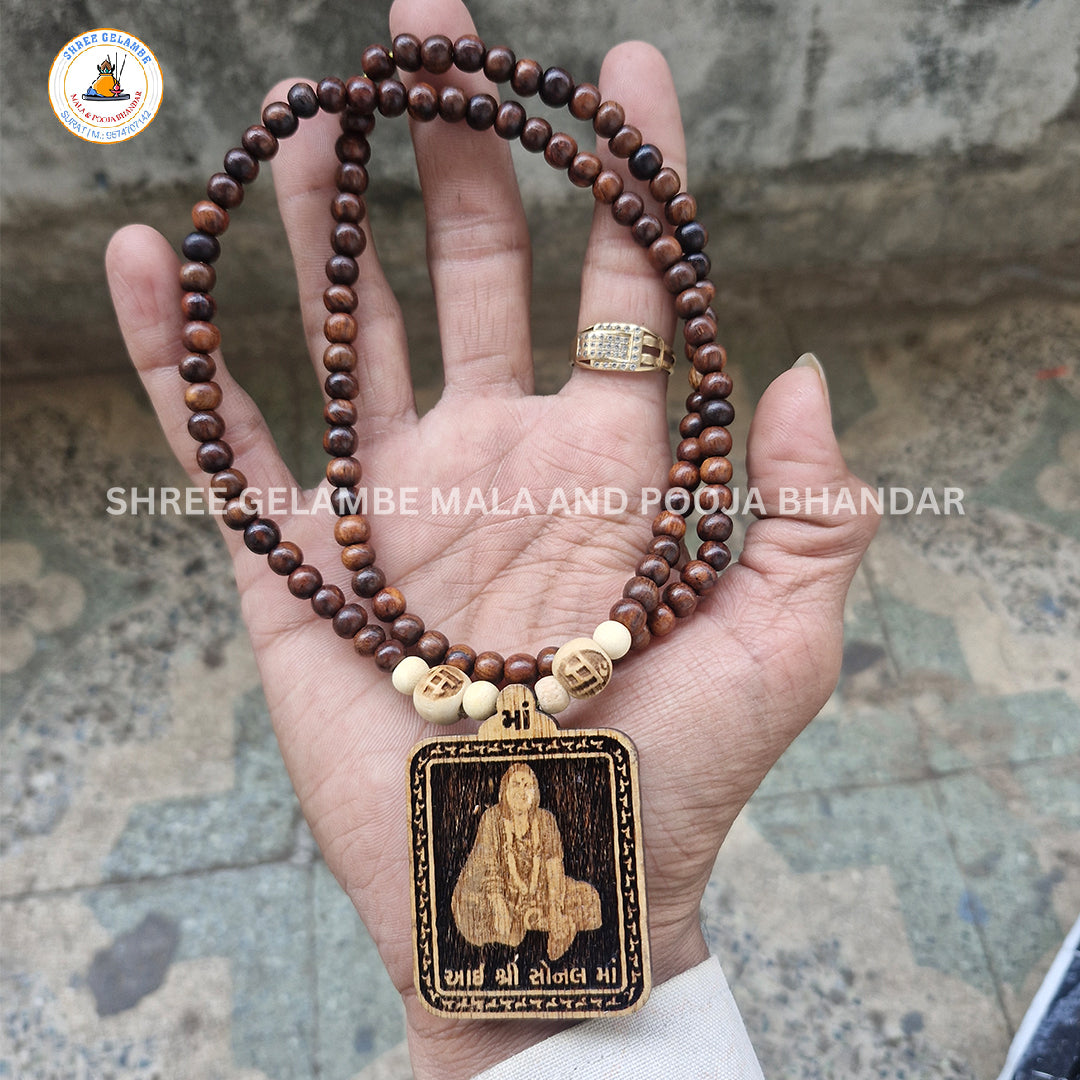 Original Sonal Mata Wooden Pendant Tulsi Mala Online (108 Beads 6MM).
