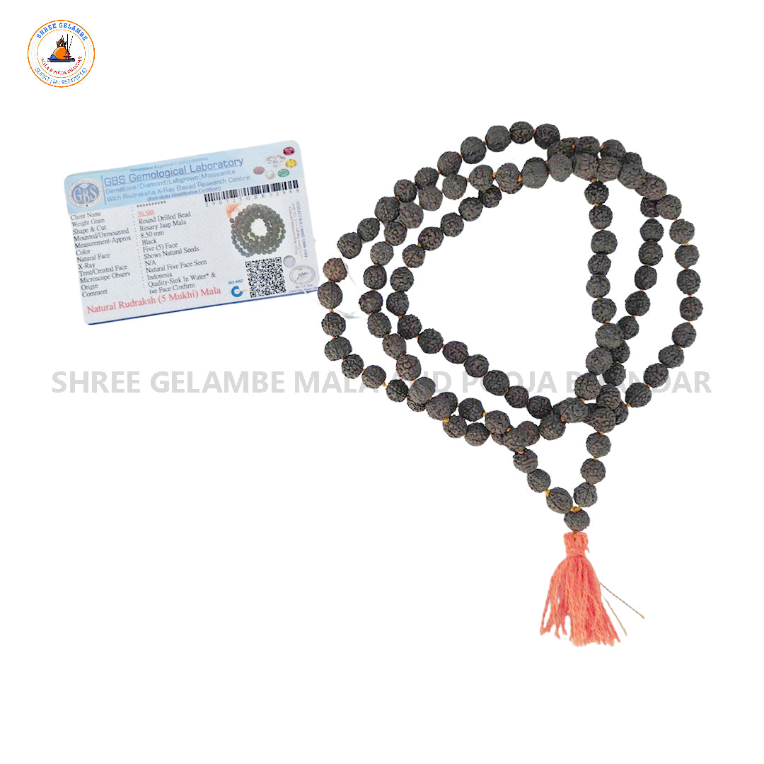 Original 5 Mukhi Black Rudraksha Mala Online (108 Beads 8.5MM Certified).