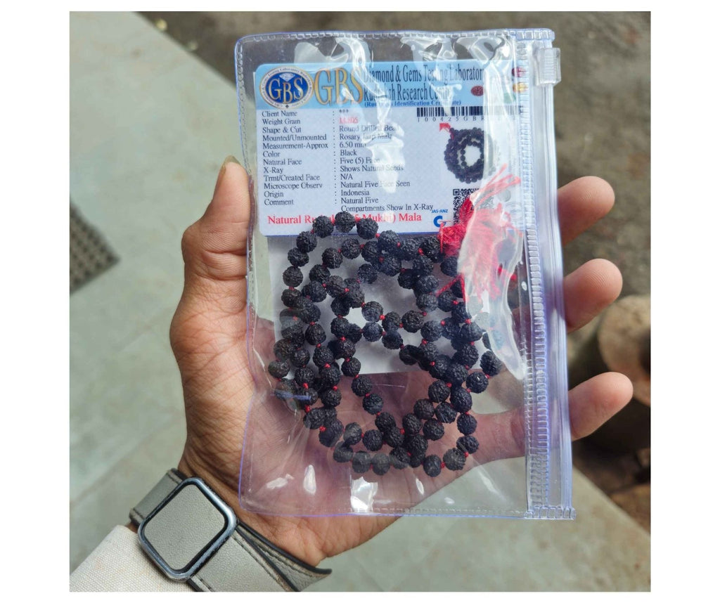 Original 5 Mukhi Black Rudraksha Mala (108 Beads 6MM Certified).