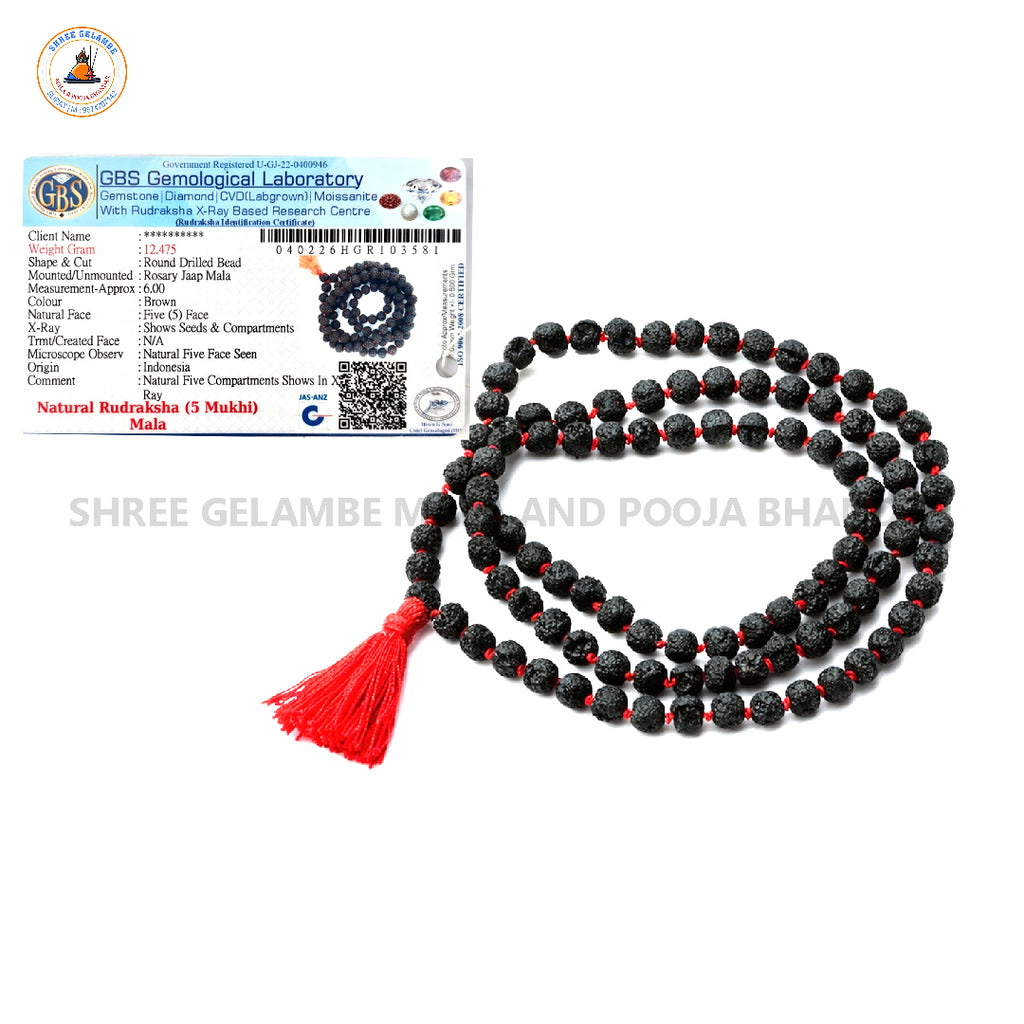 Original 5 Mukhi Black Rudraksha Mala (108 Beads 6MM Certified).